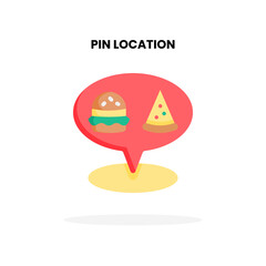 Location Restaurant flat icon, with pointer, burger and pizza Vector Illustration for Graphic Design Element. Isolated on white background
