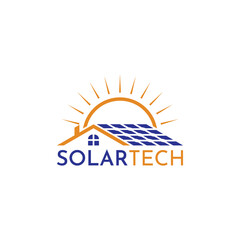 Vector template for house logo, solar panels and sun, simple and modern, suitable for construction, technology and solar energy industry.