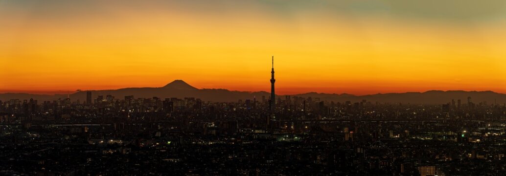 Super high resolultion image of the Greater Tokyo area cityscape with Tokyo skytree on orange sky background.