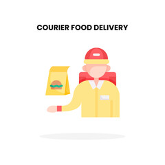 Courier Food Delivery flat icon, with person man holding takeaway food packing and backpack Vector Illustration for Graphic Design Element. Isolated on white background