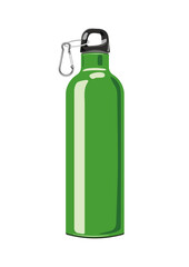 Reusable water bottle, green metallic thermos. Eecological bottle for beverages. Reduce plastic waste healthy alternative. Illustratoin in a flat style is isolated on a white background