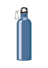 Reusable water bottle, blue metallic thermos. Eecological bottle for beverages. Reduce plastic waste healthy alternative. Illustratoin in a flat style is isolated on a white background