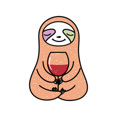 Funny cartoon sloth with glass of red wine vector illustration. Lazy holidays concept