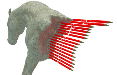 Statue of horse partially erased by pencils with eraser, metaphorically represents cancel culture and historical revisionism, 3d illustration, 3d rendering