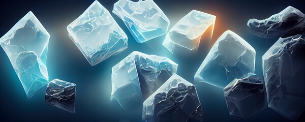 Abstract Winter Christmas background with, heavy snowfall, snowflakes in different shapes and forms, snowdrifts. Ice. Winter themed closeups. beautiful snow. 3d Illustration. 