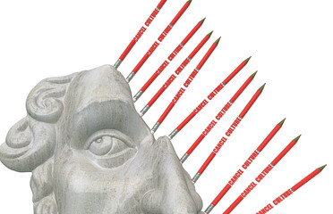 Statue face partially erased by pencils with eraser, metaphorically represents cancel culture and historical revisionism, 3d illustration, 3d rendering