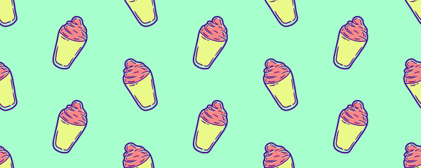 strawberry ice cream in glass with blue sky background as seamless pattern wallpaper on green pastel background header