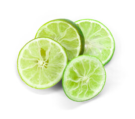 Squeezed lime slices isolated on white background. Closeup