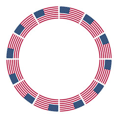 Flag of the United States, circle frame. Border, made of the repeated motif of the national flag of the United States of America. White five-pointed stars, on blue ground, with red and white stripes.