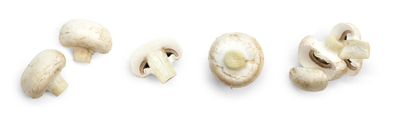 Set of fresh whole and sliced white champignon mushrooms isolated on white background. Top view