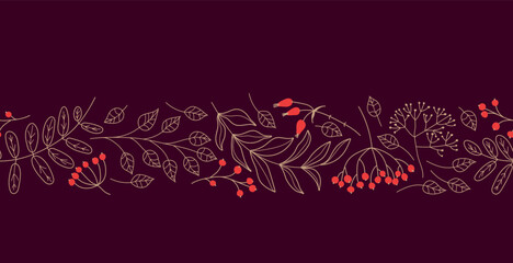 Natural seamless border with red Berries and twigs. Floral autumn or winter vector Design for wallpaper, wrapping, scrapbooking, manufacturing. Merry Christmas, Happy New Year Repeated background