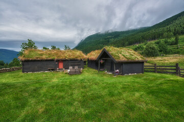 Norway, around Lake Levatnet, characteristic Norwegian houses where the roofs are covered with grass	