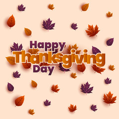 Hand drawn Happy Thanksgiving Day typography poster with leaf autumn element