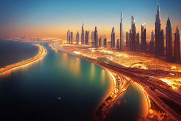 Obraz na płótnie Canvas aerial view on Dubai skyscrapers 3d illustration