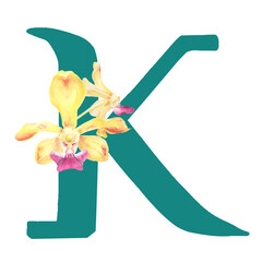 Custom hand drawn vanda orchids alphabet letter K