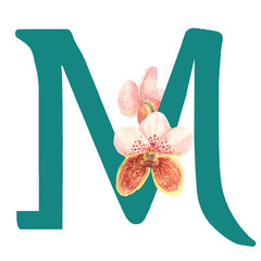 Custom hand drawn vanda orchids alphabet letter M