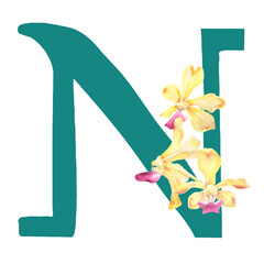 Custom hand drawn vanda orchids alphabet letter N