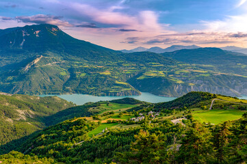 France. Hautes-Alpes (05). Serre-Ponçon Lake and the Pontis village from the Pontis Pass