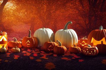 thanksgiving and Halloween pumpkins in autumn forest 3d illustration