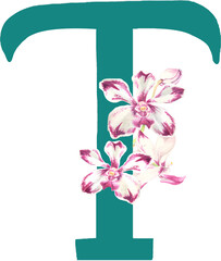 Custom hand drawn vanda orchids alphabet letter T