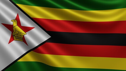 Render of the Zimbabwe flag flutters in the wind close-up, the national flag of Zimbabwe flutters in 4k resolution, close-up, colors: RGB. High quality 3d illustration - obrazy, fototapety, plakaty