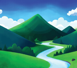 Nature scene with river and hills, forest and mountain, landscape flat cartoon style illustration