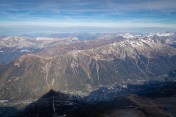 The shadow of Aiguille du Midi and Mt Blanc over the Chamonix Valley