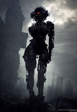 A Humanoid Robot In A Post-apocalyptic World. Robot Woman In A Ruined City. Terminator Robot In The Future.