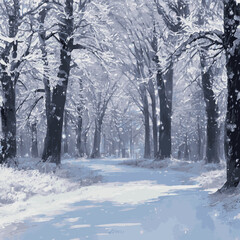 Winter landscape with hills in snow, fir trees and sky. Panoramic snowy nature scene. Scenery with mountains in cold frosty weather. 