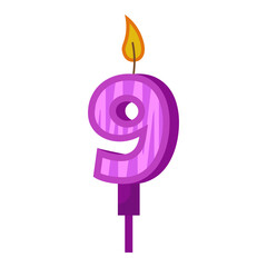 Birthday candles with numbers nine and fire. Colored icon for anniversary or party celebration. Holiday candlelight with wax and funny cartoon candle for cake. Vector illustration