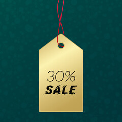 30% sale sign. Vector gold label on green background. Snowflakes and stars winter pattern. Golden illustration for business, shopping, advertising, web design