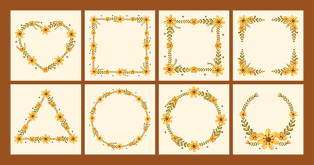 Vector shape of summer flowers frame, Floral border box label of wreath ivy style with branch and leaves.