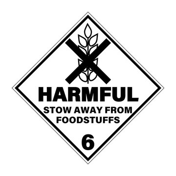 Harmful, stow away from food stuffs. Warning sign for hazardous chemical substances. It is used in transportation industry and storages.