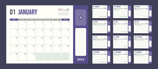 2023 calendar planner set for template corporate design week start on Sunday in color of the year. - obrazy, fototapety, plakaty
