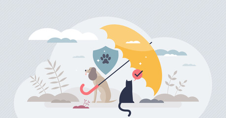 Pet insurance and animal health care financial protection tiny person concept. Security coverage for cat and dog medical cost in case of veterinarian expenses vector illustration. Clinic assurance.