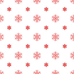 Holiday winter seamless pattern with many red snowflakes on white backdrop. Endless repeating pattern for printing on package, wrapper, fabric, envelope, card or gift paper for Christmas and New Year.