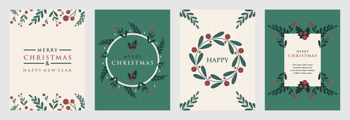 Merry Christmas and New Year posters or Greeting cards set Template with Floral design. Trendy retro style. Vector design elements.