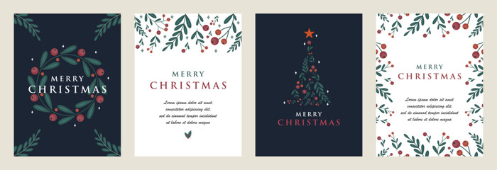 Merry Christmas and New Year posters or Greeting cards set Template with Floral design. Trendy retro style. Vector design elements.