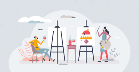 Paint and sip as creative art entertainment for couple tiny person concept. Fun activity for carefree relaxation experience as watercolor painting and alcohol drinking combination vector illustration.
