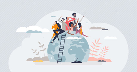 Population of the world with various ethnic groups tiny person concept. Worldwide community and society characters with all culture and racial types vector illustration. Global solidarity and unity. - obrazy, fototapety, plakaty
