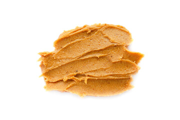 Peanut butter isolated on white background, top view. Peanut butter on a white background, top view. Creamy peanut butter isolated on white background.