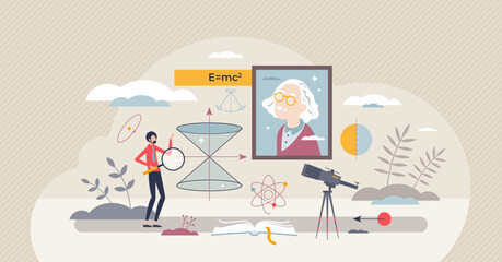 History of physics and academic law research about forces tiny person concept. Old sketches with formulas and equations for nature gravity, velocity and mechanical observations vector illustration.