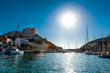 Naklejka premium France. Corsica. Bonifacio. Entrance of the Marina front of the ramparts