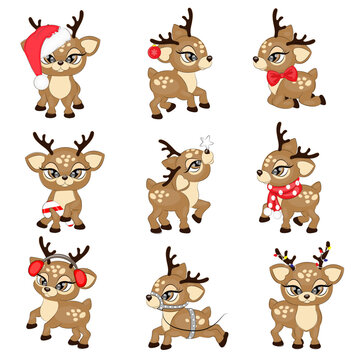 Set of cute reindeer Christmas vector illustration
