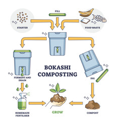 Bokashi composting process stages explanation for food waste management outline diagram. Labeled educational scheme with compost bin for garbage vector illustration. Sustainable recycling system.