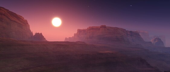 Sunset in the canyon, 3d rendering