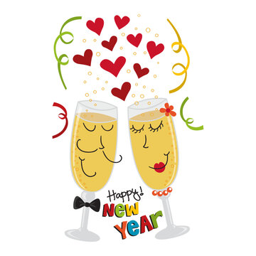 Illustration of two glasses of champagne toasting the new year