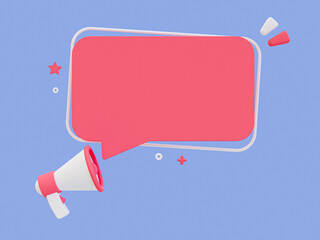 3d minimal chat box. Speech bubble mock-up. Quote bubble. Pink dialog box template with a megaphone. 3d illustration.