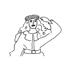 female woman girl in a hat coat raincoat looking into the distance raised her hand lush hair
