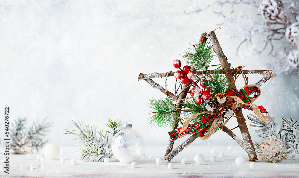 Poster Christmas still life with decorated wooden Christmas Star on light background. Winter festive concept.